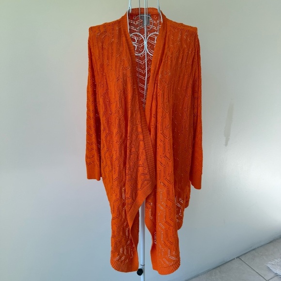 Chico’s Lily open front Cardigan Sweater Long Sleeve Orange open knit SZ 3/XL - Picture 2 of 9